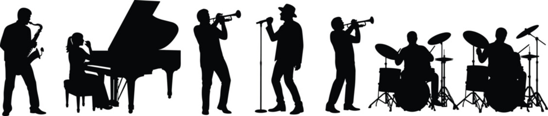 Jazz band silhouette, musicians playing instruments, trumpet, saxophone, piano, drums, singer, ensemble © Mahafuj  Creatives