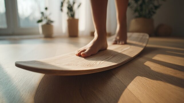 Barefoot Balance Training on Wooden Wobble Board for Physio Rehab and Recovery Exercises at Home. AI generative