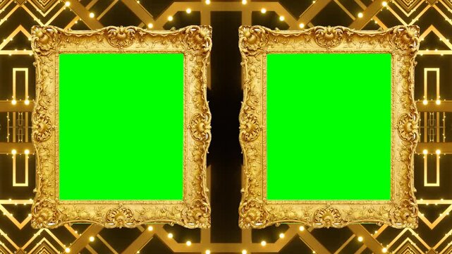 A slideshow showcasing two luxurious gold frame with green screen and ornate design on a brown background 