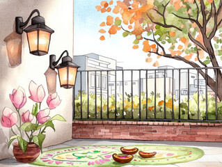 Diwali decoration balcony autumn light watercolor festival lamp clay diya rangoli carpet outdoor terrace city apartment morning sun cozy mood