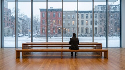 Person sitting on wooden bench in modern gallery overlooking snowy cityscape