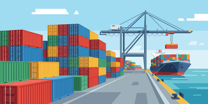Cargo containers being loaded onto a large ship at a bustling dock with cranes and stacks of boxes