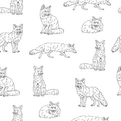 Seamless pattern with foxes with different positions.