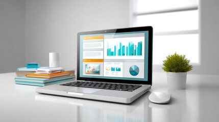 Modern Laptop Displaying Business Analytics and Colorful Graphs on Office Desk with Plant and Stationery Items in a Bright Workspace