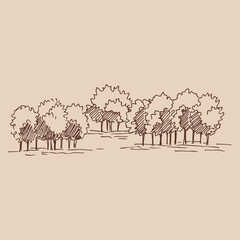 Nature illustration with forest. Hand drawn vector.