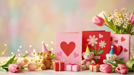 Celebrating love with colorful gifts and cards indoor floral environment valentine's day decor cozy viewpoint heartwarming concept for cherished memories