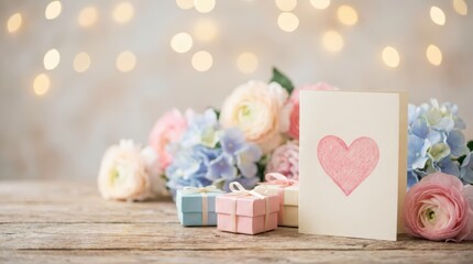 Valentine's day celebration with heart-shaped card and gifts cozy home setting floral arrangement romantic atmosphere soft lighting heartfelt moments