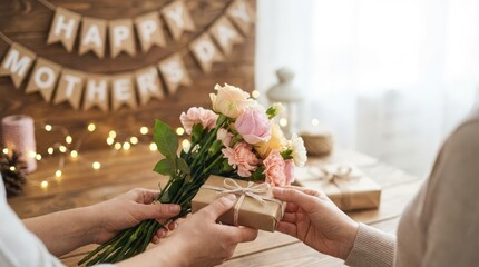 Celebratory gesture of giving flowers and gifts for mother's day cozy indoor setting personal moment warm atmosphere heartfelt connection