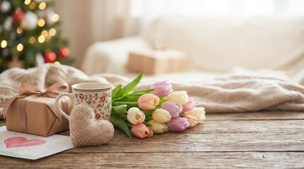 Spring celebration with flowers and gifts in a cozy living room warm atmosphere holiday decor soft lighting romantic gesture