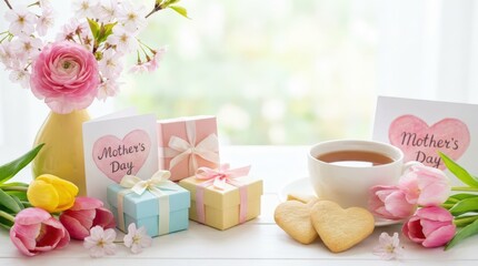 Celebrating mother's day with flowers gifts and tea in a cozy home environment perfect for creating lasting memories and cherishing moments with loved ones