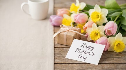 Celebrating mother's day with flowers gifts and warm wishes home setting still life photography bright and cheerful atmosphere close-up viewpoint emotional connection
