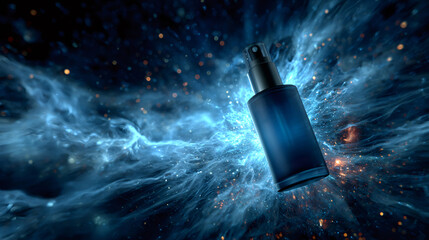 Fototapeta premium Cosmetic spray bottle floating in cosmic blue nebula
