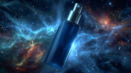 Fototapeta premium Perfume spray bottle blending with outer space nebula