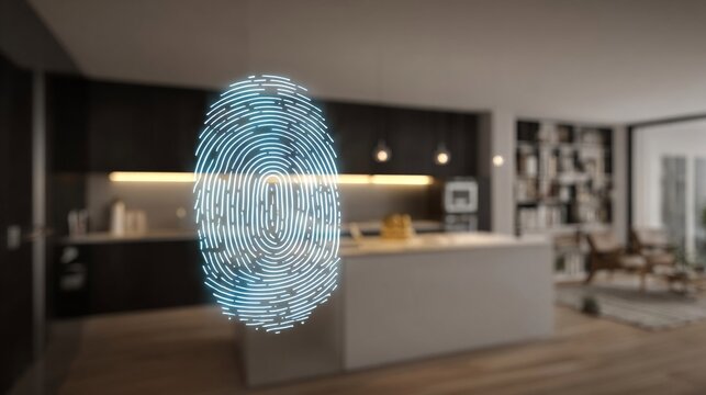 A futuristic fingerprint overlay in a modern kitchen setting, symbolizing security and technology.
