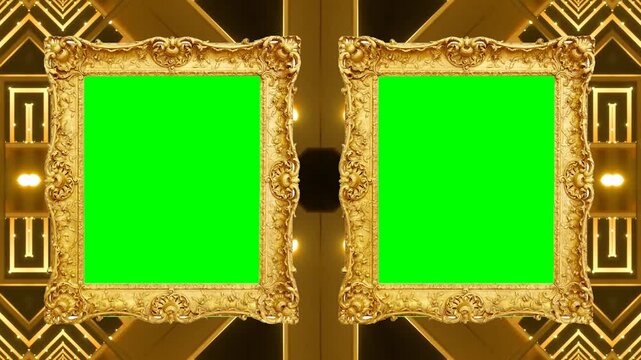 A luxurious showcasing two ornate gold picture frames with green screens on a decorative background