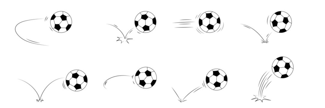 Soccer ball bounce motion line set. Hand drawn football movement with curved arcs and rebound effects. Doodle vector illustration for sport graphics and dynamic comic backgrounds.