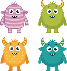 Fototapeta premium Colorful cartoon monsters with horns and big eyes