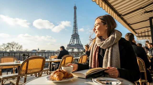 Paris cafe scene with woman enjoying coffee and reading against eiffel tower backdrop