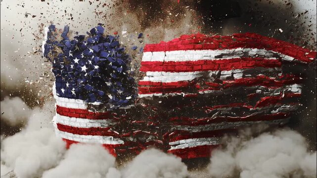 United States flag painted on a brick wall crumbling and exploding. representing concepts of crisis, destruction, division, and political instability for the nation. Social barriers of immigration,