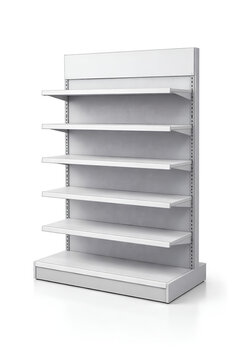 Empty Retail Store Shelf Isolated on White Background &ndash; Supermarket Display Rack Mockup