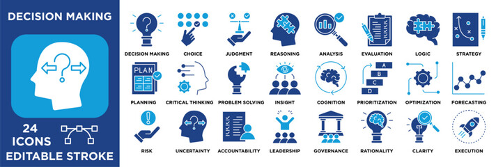 Decision making icon set featuring  decision, judgment, assessment, optimization, forecasting, risk and governance. vector
