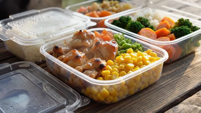 Meal-prep containers on a wooden table hold chicken with corn broccoli and carrots, ready for meals