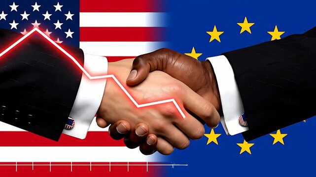Two business professionals shake hands over contrasting American and European Union flags symbolizing international trade relations and diplomatic agreements.
