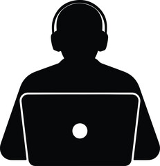 Isolated silhouette of person wearing headphones using laptop illustration vector