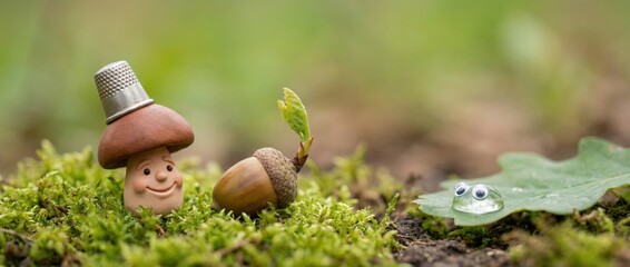 Whimsical nature scene featuring a smiling mushroom acorn and frog on mossy ground forest setting macro photography captivating concept for nature lovers