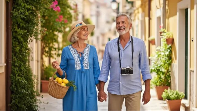 Joyful stroll: happy senior couple walking handinhand on a sunny day in picturesque alley