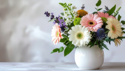 Colorful flower arrangement in a white vase indoor floral display nature's beauty bright and cheerful environment close-up view concept of serenity and freshness