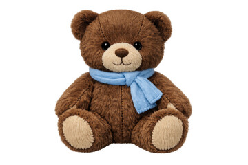 Obraz premium Brown teddy bear plush toy wearing a blue scarf, representing childhood comfort, tenderness, and friendship, transparent background