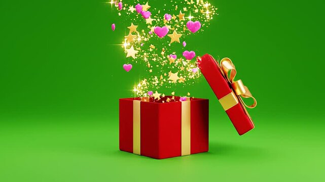 Red gift box with gold ribbon bursts open, scattering celebratory pink and gold dots against vivid green backdrop in festive joy