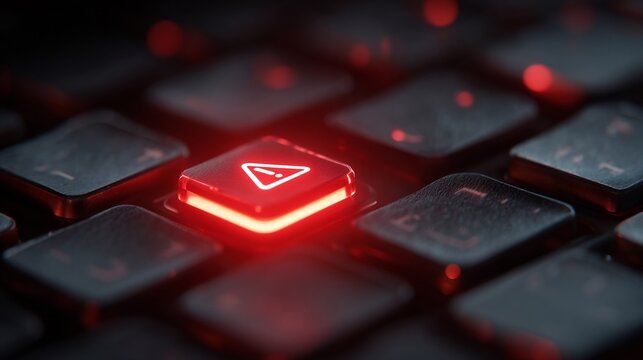 Close-up of a keyboard's illuminated warning key, featuring a glowing red triangle symbol on a dark backdrop.