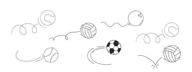 Bounced ball set comic manga effect, doodle line hand drawn ball jump trajectory, ball motion expression. Sketch movement.