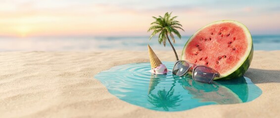 Refreshing summer escape watermelon and ice cream on a tropical beach relaxing scene with sunglasses serenity and joy under clear sky