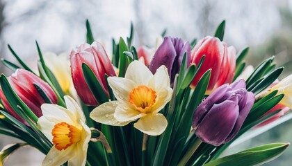 Vibrant spring floral arrangement botanical garden close-up photography natural light cheerful mood