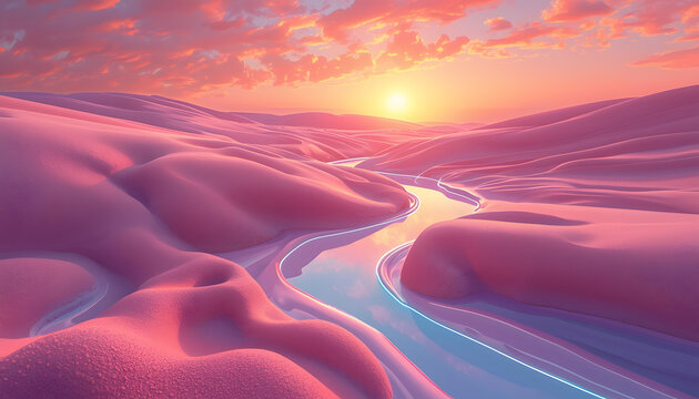 Winding river landscape glowing aerial view surreal dreamy environment