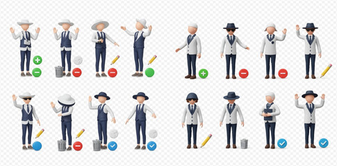 Set of 3D cartoon characters with various poses and accessories for design elements.