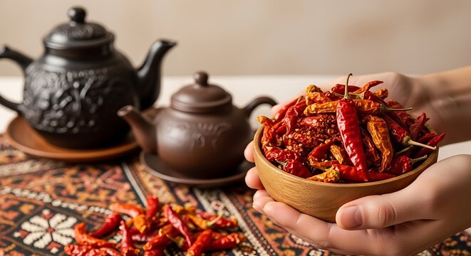 Hands holding bowl of spicy peppers
