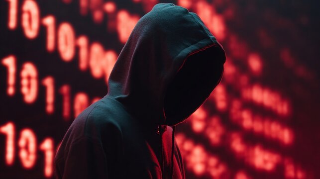 Silhouette of a hooded figure against a backdrop of binary code, conveying anonymity and digital mystery.