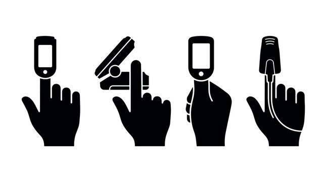 Set of Icons Illustrating Pulse Oximeter Usage on Fingers.