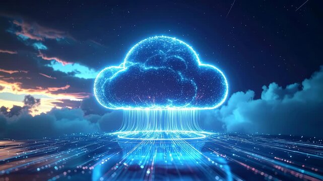 Digital Cloudscape: A captivating digital visualization presents a luminous cloud, with ethereal glows hovering, symbolizing the essence of cloud computing and data transmission. 