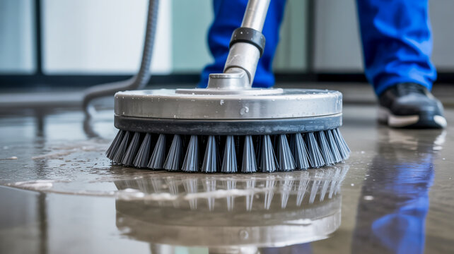 Efficient professional floor cleaning in progress with a powerful scrubbing machine restoring shine
