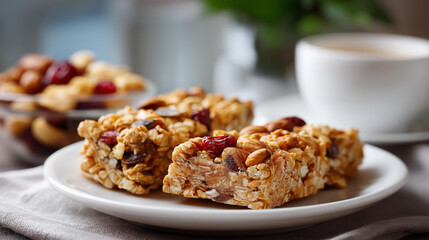 Fototapeta premium Close-up of granola bar breaking revealing oats nuts and seeds, healthy snacks and nutrition theme, breakfast and culinary photography, defocused broken pieces, with copy space