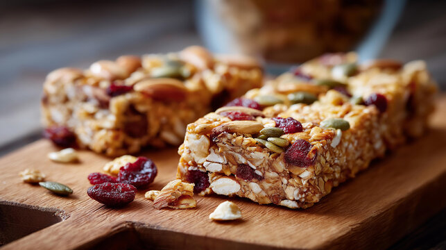 Close-up of granola bar breaking revealing oats nuts and seeds, healthy snacks and nutrition theme, breakfast and culinary photography, defocused broken pieces, with copy space