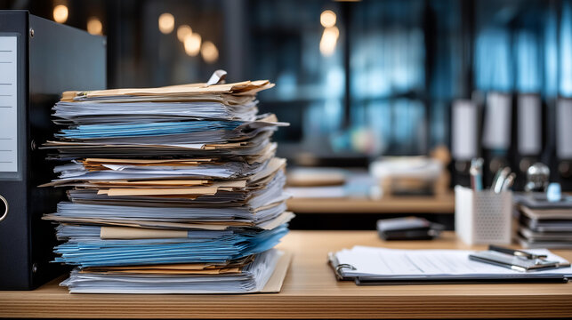Stacks of paperwork and files in office, representing work overload and file management, document organization challenge, administrative burden display, office filing system,