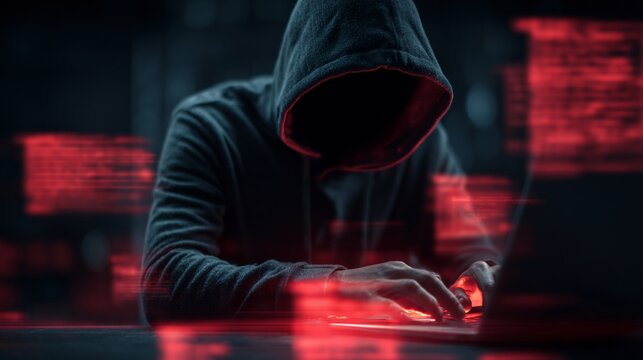 A cloaked figure in a hoodie is engaged in hacking, illuminated by glowing red code in a dark setting.