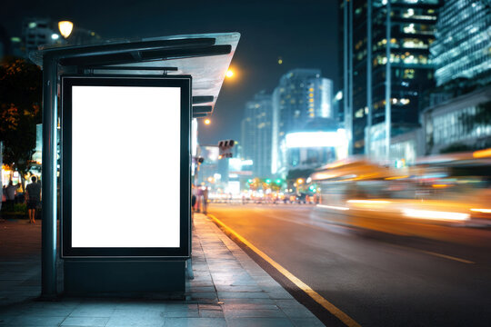 Blank advertising light box on bus stop, template banner on background city street for poster or sign.