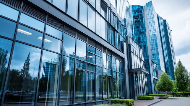 Front view of office building with windows, commercial architecture exterior, contemporary business structure, corporate building facade, modern office tower, defocused building